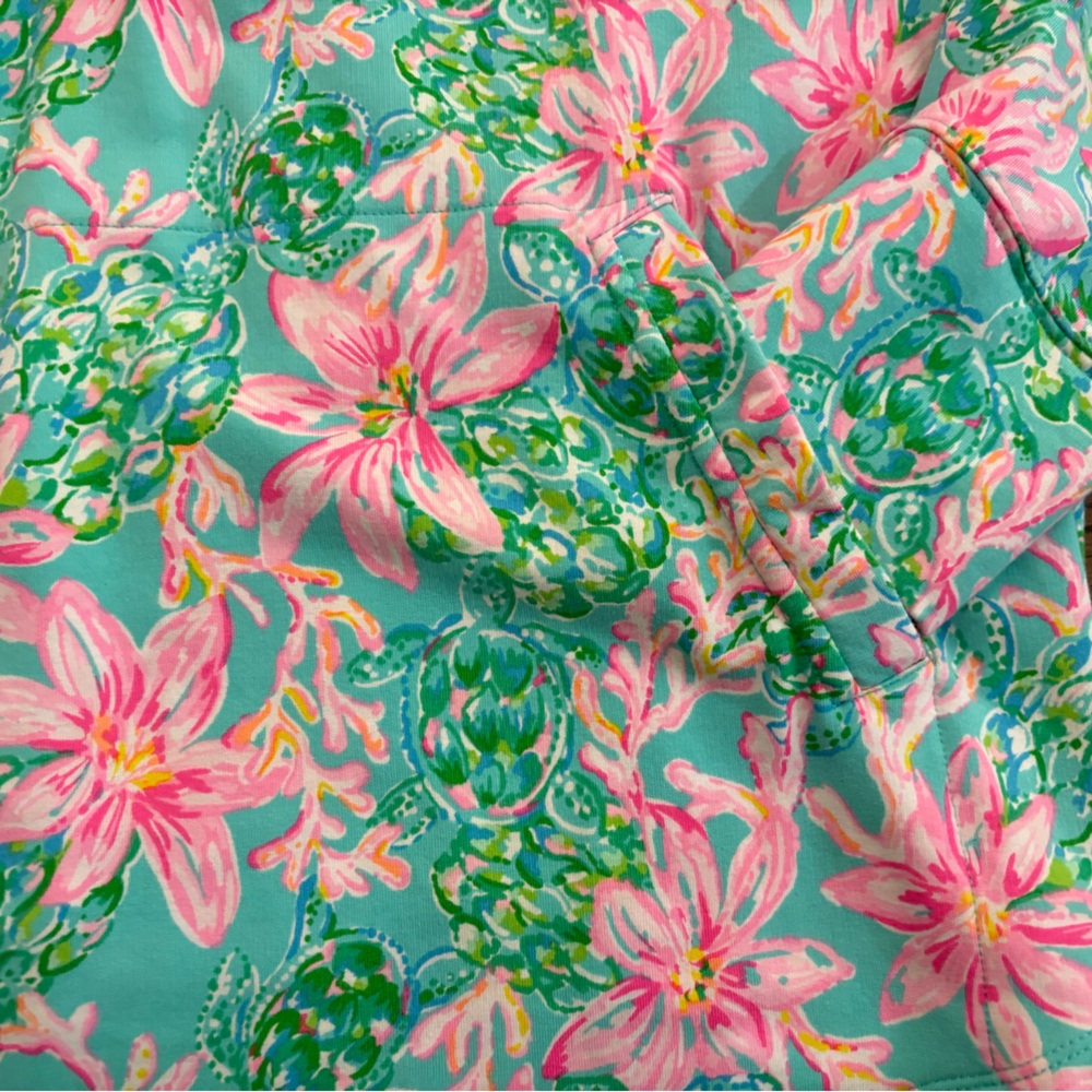 Lilly Pulitzer Quarter Zip- Pink & teal floral print with sea turtles. - Picture 9 of 12